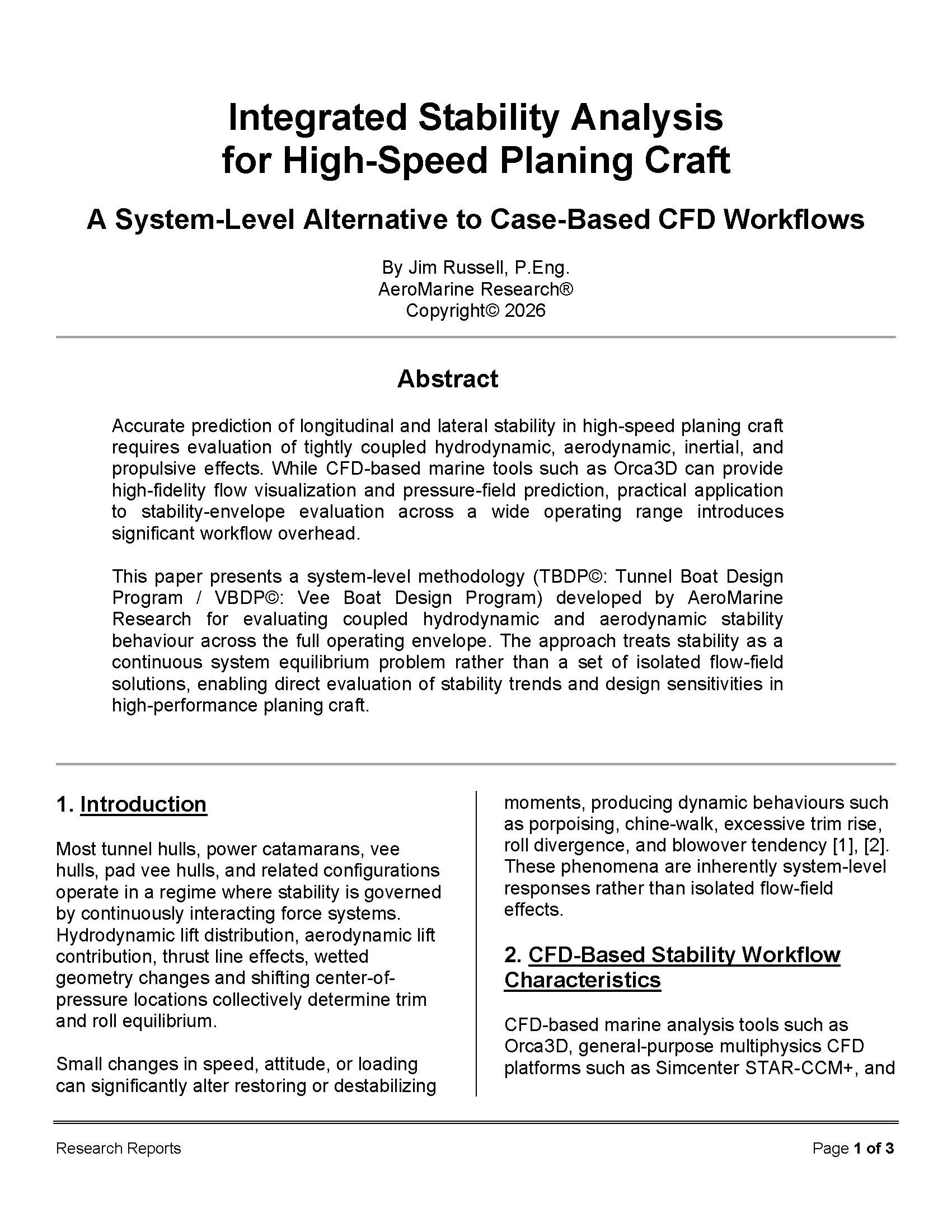 Integrated Stability Analysis for High Speed Planing Craft - AeroMarine Research